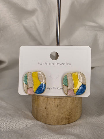 Mosaic-Like Enamel Square Stud Earrings