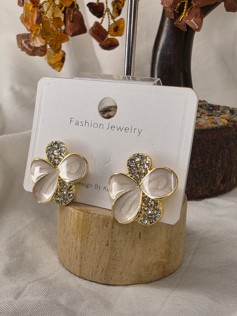 Baby Pink Floral Rhinestone Stud Korean Earrings