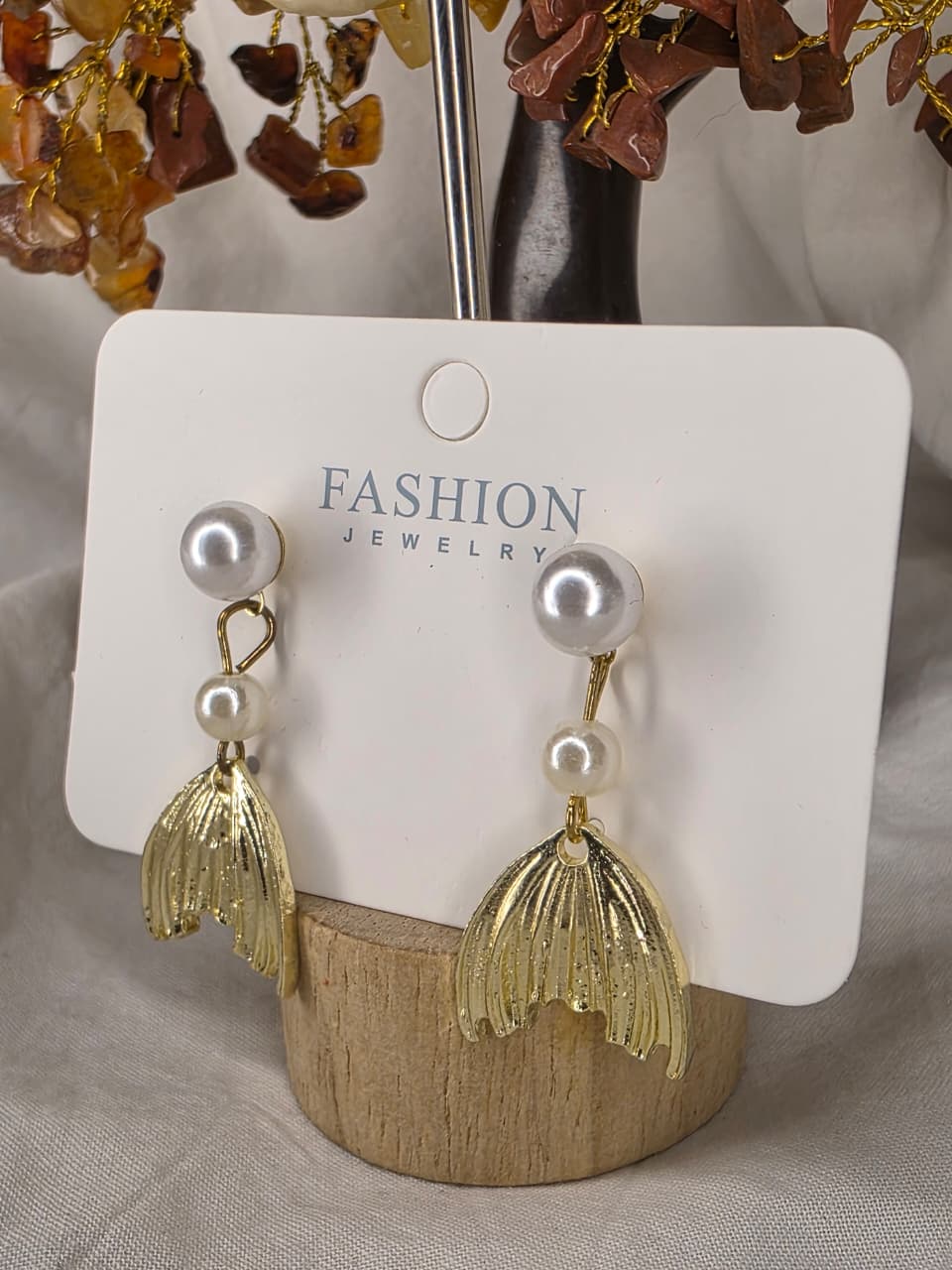 Gold-Plated Mermaid Tail Pearl Drop Earrings